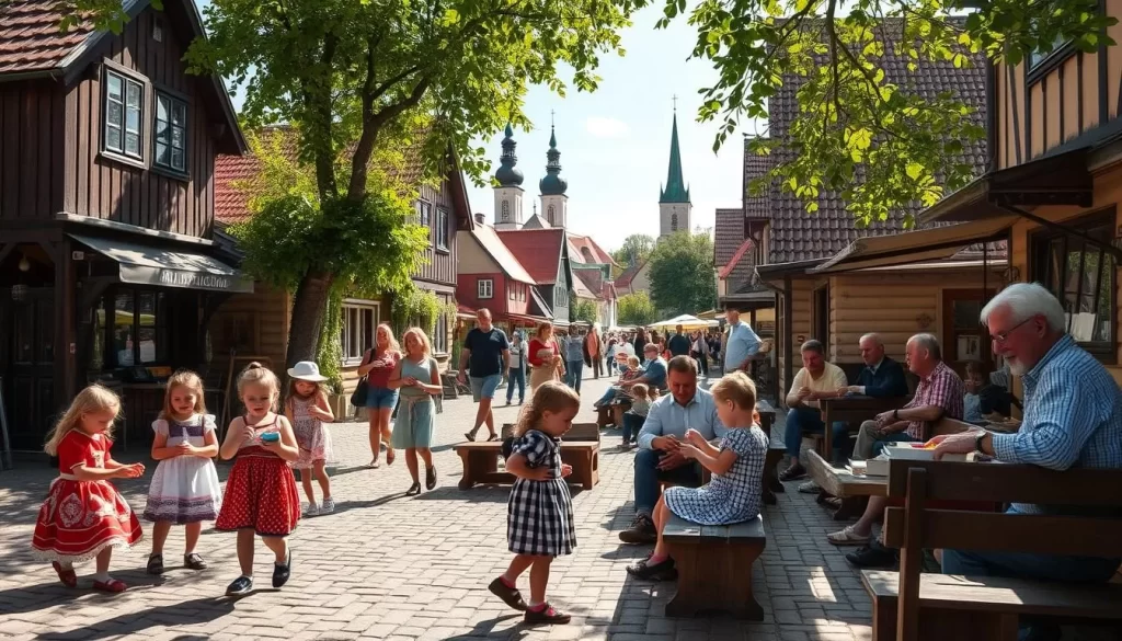 A warm, sun-dappled day in the charming village of Chochołów, Poland. Families gather outdoors, enjoying local traditions and activities. In the foreground, children play traditional Polish games, their laughter echoing through the quaint cobblestone streets. Nearby, parents and grandparents sit on wooden benches, sharing homemade pastries and stories, while others stroll through an open-air market, browsing handcrafted wares. In the background, the picturesque wooden houses and historic church spires create a timeless, idyllic atmosphere, inviting visitors to immerse themselves in the vibrant community spirit of Chochołów.