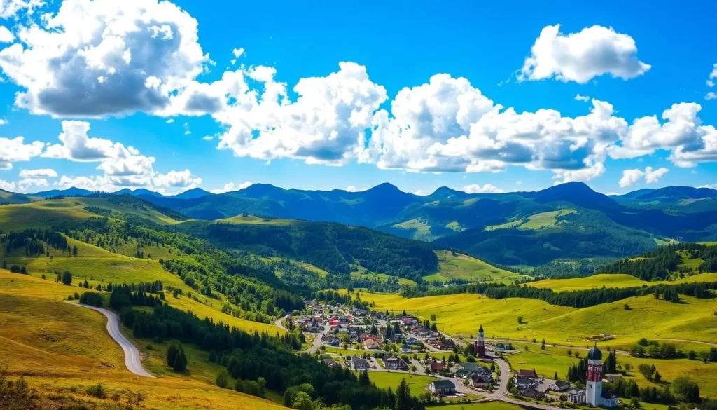 A warm, sun-kissed landscape of lush, verdant hills and winding roads, framed by towering peaks in the distance. Fluffy clouds drift lazily across a brilliant azure sky, casting playful shadows on the terrain below. In the foreground, a picturesque small town nestled among rolling meadows, its charming architecture and vibrant local life inviting exploration. The scene exudes a sense of tranquility and adventure, perfectly capturing the essence of a weather-savvy trip to North Carolina's picturesque natural wonders.