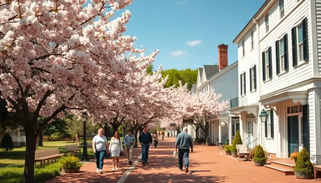 A warm, sunny day in a quintessential New England town, with blooming cherry blossoms lining the streets and lush greenery in the background. In the foreground, pedestrians stroll along the brick sidewalks, enjoying the mild spring weather. The scene is bathed in soft, diffused lighting, creating a tranquil, inviting atmosphere. In the distance, historic colonial-style buildings stand tall, their white facades and black shutters contrasting beautifully with the vibrant colors of the season. The overall composition evokes the classic charm and natural beauty of springtime in Massachusetts.