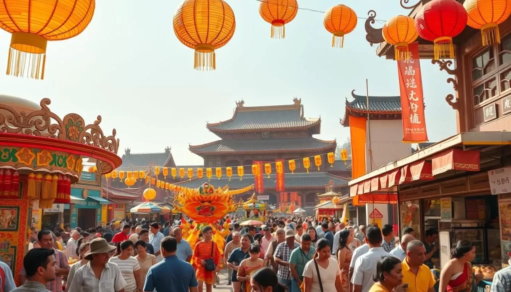 A warm, sunny day in a vibrant cultural festival. In the foreground, colorful parade floats and costumed performers weave through the bustling crowd. Intricate paper lanterns and festive banners sway overhead, casting a soft, amber glow. In the middle ground, local food stalls offer an array of tantalizing street foods, their aromas mingling with the lively music. The background features traditional architecture, its ornate details illuminated by the golden afternoon light. A sense of community, celebration, and cultural richness permeates the scene, creating an immersive and visually captivating experience.