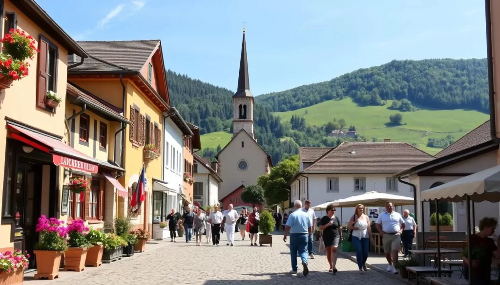 A warm, sunny day in the charming town of Silum, Liechtenstein. In the foreground, a quaint cobblestone street lined with colorful flower boxes and traditional Liechtensteiner architecture. Locals and visitors stroll leisurely, taking in the picturesque scene. In the middle ground, a historic church with a slender bell tower stands as a focal point, its golden spire catching the soft light. In the background, rolling green hills dotted with lush trees frame the idyllic landscape. The overall mood is one of tranquility and timeless beauty, beckoning travelers to explore the best of Silum at the perfect time of year.