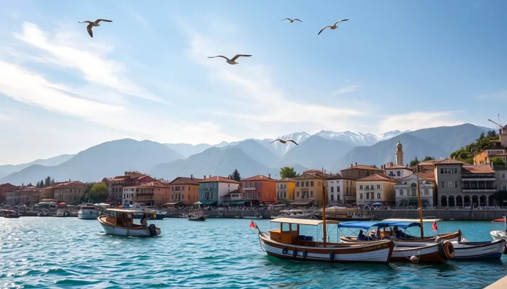 A warm, sunny day in the coastal city of Trabzon, Turkey. In the foreground, a bustling harbor with traditional fishing boats bobbing on the sparkling azure waters. In the middle ground, quaint coastal buildings painted in pastel hues, their terracotta roofs gleaming. The backdrop features the majestic Kaçkar Mountains, their snow-capped peaks casting a serene glow over the scene. Soft, diffused sunlight filters through wispy cirrus clouds, creating a picturesque and inviting atmosphere. The overall mood is one of tranquility, with the gentle breeze and the sound of gulls overhead adding to the peaceful ambiance.