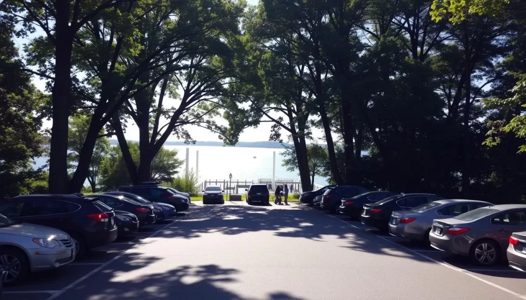 A well-organized parking area nestled among the picturesque Thimble Islands in Connecticut. Sunlight filters through the canopy of lush trees, casting a warm glow on the neatly paved lot. Visitors' cars are strategically arranged, leaving ample space to navigate. In the background, the serene waters of the Long Island Sound shimmer, hinting at the island adventures that await. The scene exudes a sense of tranquility and convenience, inviting travelers to explore the natural wonder of the Thimble Islands with ease.