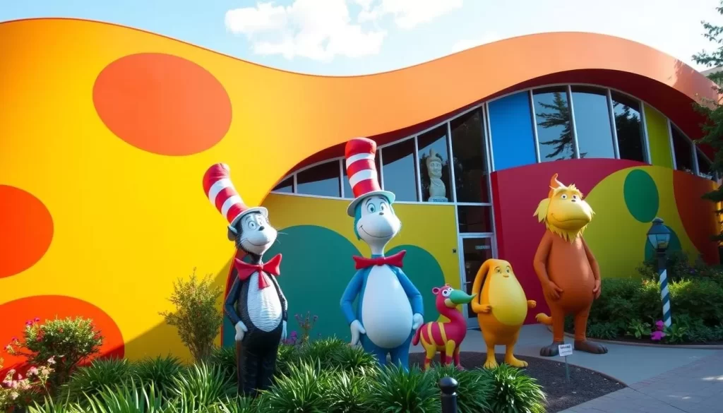 A whimsical, colorful exterior of the Dr. Seuss National Memorial Sculpture Garden in Springfield, Massachusetts. The distinctive architecture features bold, curved lines and vibrant primary colors that bring the fantastical world of Dr. Seuss to life. A bright, sunny day casts warm natural lighting across the playful statues of beloved characters like the Cat in the Hat, Horton, and the Lorax, inviting visitors to explore and imagine. The lush, verdant surroundings create an enchanting, family-friendly atmosphere perfect for a day of imagination and wonder.