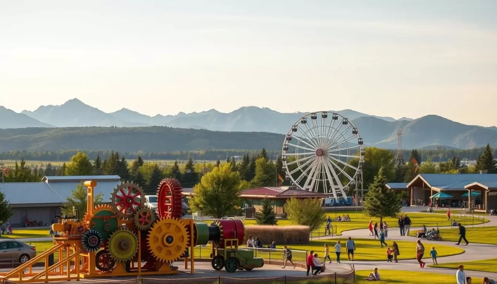A whimsical, family-friendly amusement park nestled in the heart of Keystone, South Dakota. In the foreground, a brightly colored metal structure with gears and sprockets invites visitors to explore its mechanical wonders. Surrounding it, lush green lawns dotted with playful children and parents enjoying the warm summer sun. In the middle ground, a classic Ferris wheel slowly turns, offering panoramic views of the park. In the background, the majestic Black Hills rise, their rugged peaks providing a stunning natural backdrop. The scene is bathed in the soft, golden light of a late afternoon, creating a cozy, nostalgic atmosphere. Sprockets Fun Foundry, a delightful blend of technology and nature, promises a day of adventure and family fun.
