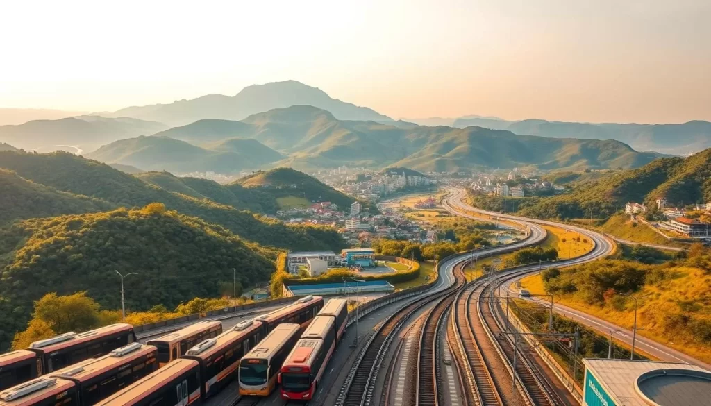 A wide, expansive vista of the rolling hills and lush landscapes of Gangwon Province, South Korea. In the foreground, a bustling transportation hub with modern buses, trains, and trams ferrying passengers to their destinations. The mid-ground features a towering mountain range, its peaks bathed in golden light from the warm, sun-dappled sky. Winding roads snake through the scenic countryside, connecting small villages and offering stunning views of the region's natural beauty. The overall mood is one of adventure, exploration, and the promise of a memorable journey through this captivating part of the Korean peninsula.