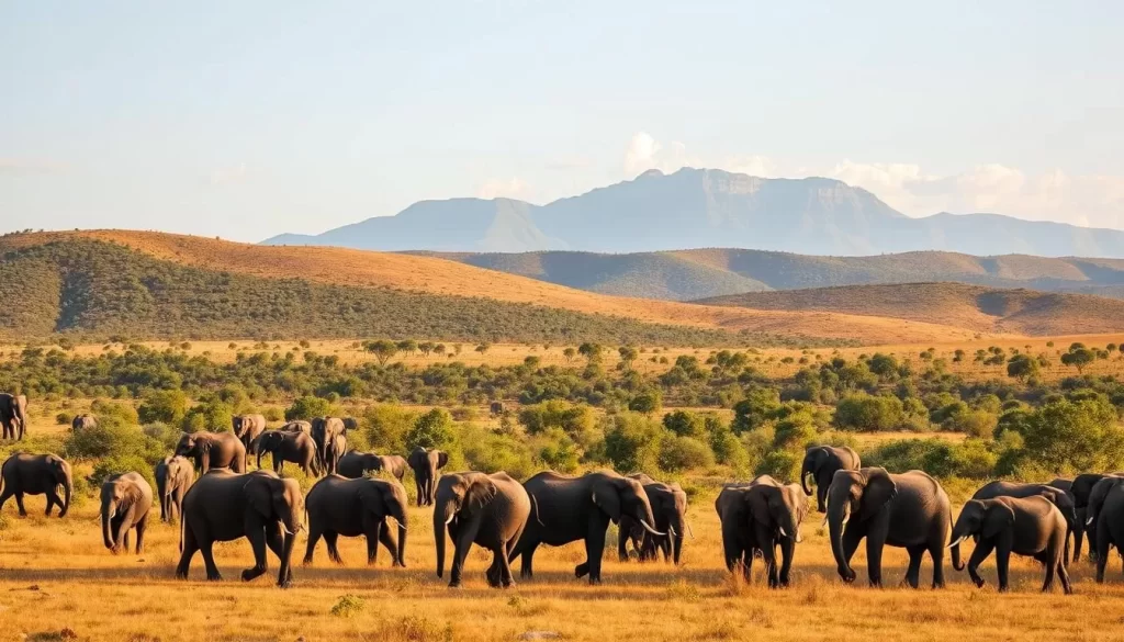 A wide panoramic view of the majestic Marakele National Park in South Africa. In the foreground, a herd of magnificent African elephants peacefully grazing, their massive frames silhouetted against the soft golden light of the afternoon sun. In the middle ground, rolling hills covered in lush, verdant vegetation, dotted with clusters of acacia trees. In the distant background, the towering Waterberg mountain range, its rugged peaks capped with fluffy white clouds. The scene is bathed in a warm, serene atmosphere, capturing the essence of the unique wildlife experiences that abound within this breathtaking protected area.