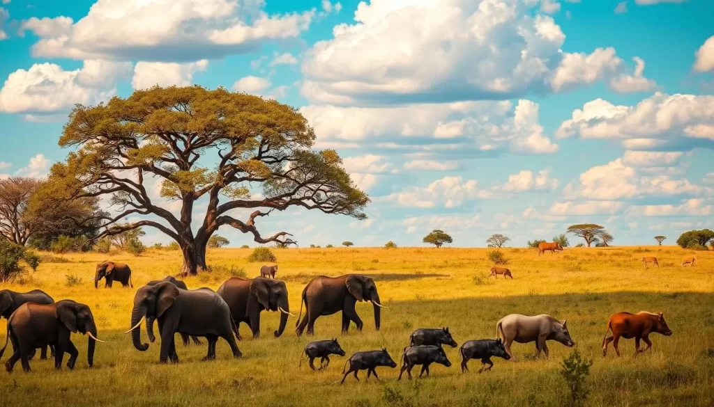 A wildlife-filled scene at the renowned Kruger National Park, South Africa. In the foreground, a herd of majestic elephants gently roam the lush, sun-dappled grasslands, their trunks reaching for fresh vegetation. In the middle ground, a family of warthogs scurries across the scene, their tails held high. In the distance, a pride of lions rests in the shade of a sprawling acacia tree, their golden coats gleaming in the warm, golden light of a picture-perfect day. The sky is a vibrant blue, dotted with fluffy white clouds, creating a serene and tranquil atmosphere perfect for wildlife viewing.