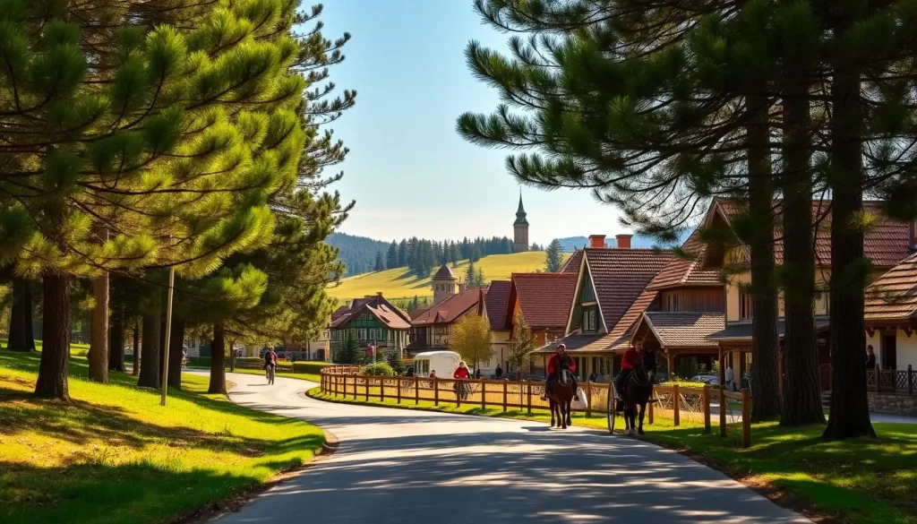 A winding country road leading to the quaint village of Chochołów, nestled amidst the rolling hills of southern Poland. Towering pine trees line the path, their verdant canopies filtering the warm sunlight. In the distance, the iconic wooden architecture of Chochołów's historic center comes into view, its structures adorned with intricate patterns and vibrant colors. Horse-drawn carriages and bicycles leisurely traverse the picturesque streets, capturing the tranquil pace of life in this charming rural settlement. The overall scene exudes a sense of peaceful serenity, inviting the viewer to imagine themselves immersed in the idyllic surroundings of this captivating destination.