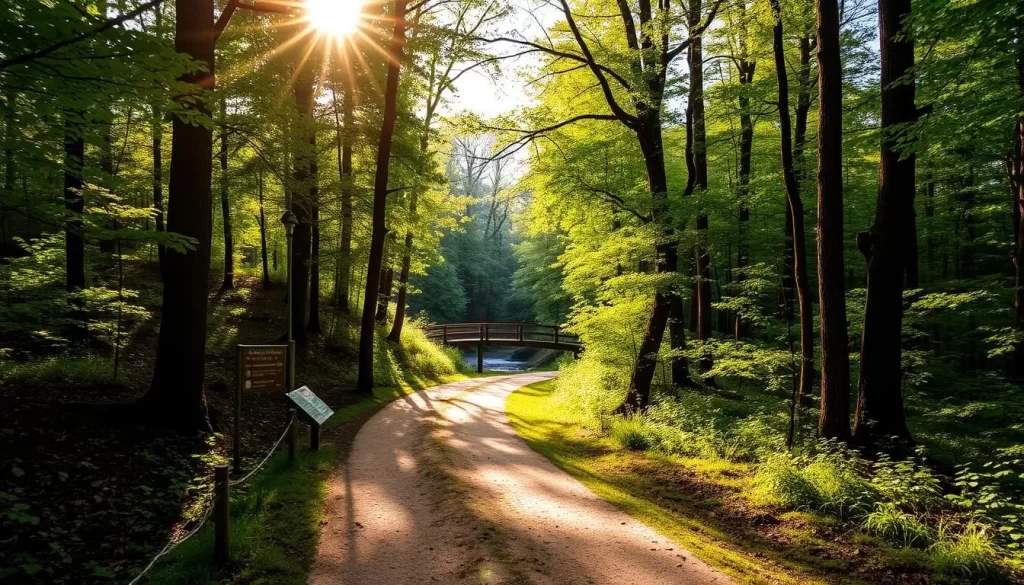 A winding dirt path snakes through a lush, verdant forest in Hoge Kempen National Park, Belgium. Sunlight filters through the canopy of towering trees, casting a warm, golden glow over the scene. In the distance, a wooden bridge spans a gentle stream, inviting hikers to cross over and explore further. The trail is well-maintained, with occasional benches and informational signs guiding visitors through this tranquil, natural setting. The atmosphere is serene and peaceful, perfect for a leisurely stroll or a more vigorous hike. This image captures the essence of the park's "Practical Information for Visitors" section, showcasing the beautiful and accessible hiking trails that await adventurous travelers.