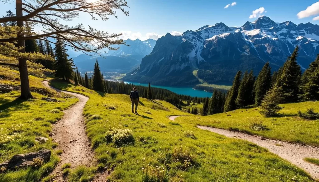 A winding hiking trail winds through a picturesque alpine landscape, flanked by majestic snow-capped peaks and lush evergreen forests. Sunlight filters through the branches, casting a warm glow on the well-trodden path. In the foreground, wildflowers dot the verdant meadows, inviting hikers to pause and take in the breathtaking scenery. In the distance, a crystal-clear lake reflects the surrounding mountainous terrain, creating a serene and tranquil atmosphere. The scene exudes a sense of adventure and natural wonder, perfectly capturing the essence of the Hoher Dachstein region in Austria.