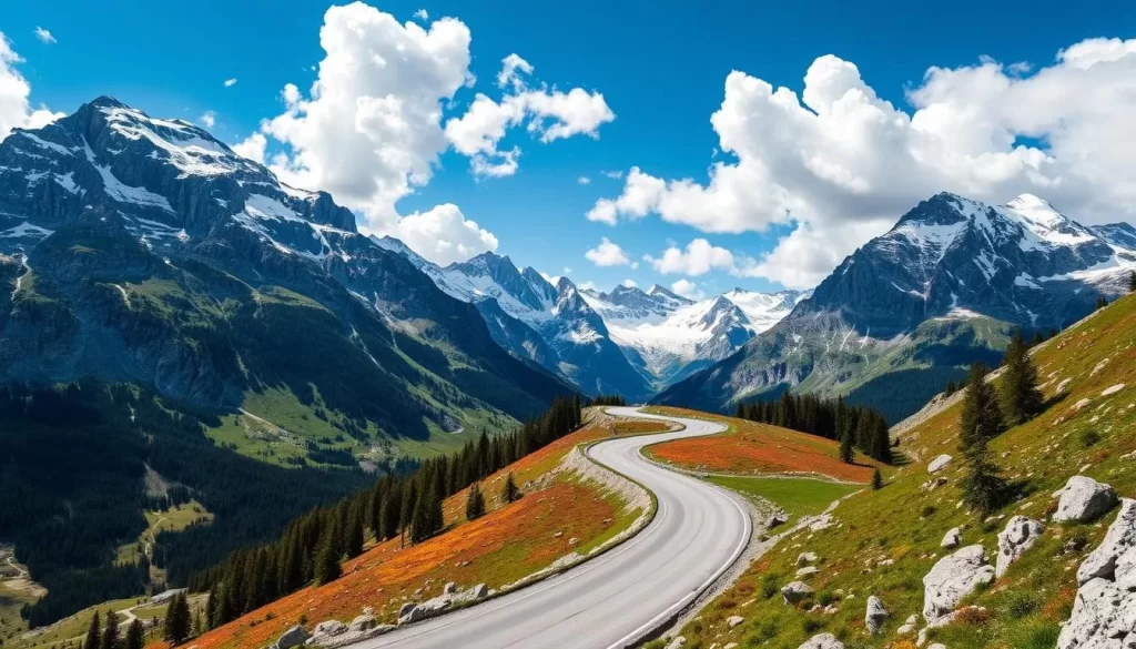 A winding mountain road winds through the breathtaking landscape of the Grossglockner High Alpine Road in Austria. Towering snow-capped peaks frame the scene, their majestic presence creating a sense of awe and wonder. The road curves gracefully, leading the viewer's eye deeper into the rugged, yet beautiful terrain. Vibrant alpine meadows and lush forests line the path, adding pops of color to the otherwise stark, rocky environment. The sky is a brilliant blue, with fluffy white clouds drifting overhead, creating a sense of serenity and tranquility. The overall mood is one of adventure and exploration, inviting the viewer to imagine the thrill of driving this iconic alpine route.