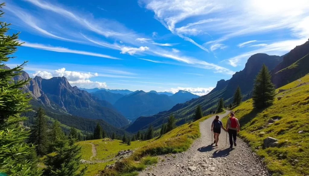 A winding trail meanders through the majestic Tatra Mountains, surrounded by towering peaks and lush alpine meadows. Sunlight filters through the verdant foliage, casting a warm glow over the rugged terrain. In the foreground, hikers traverse the path, their steps crunching on the well-worn gravel. The mid-ground reveals a panoramic view of the mountains, their jagged silhouettes set against a brilliant azure sky. Wispy clouds drift lazily overhead, adding to the serene, picturesque atmosphere. The background showcases the grandeur of the Tatras, with snow-capped summits reaching towards the heavens. This breathtaking landscape captures the essence of the best things to do in the Tatra Mountains of Poland.