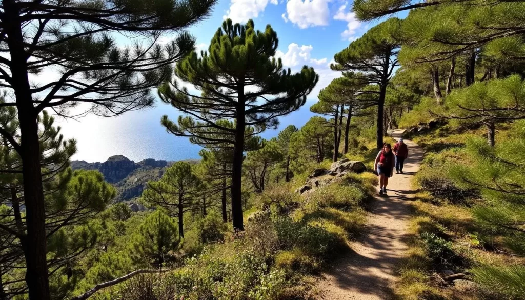 A winding trail weaves through lush pine forests, revealing sweeping vistas of the Beydağları Sahil Milli Parkı. Sunlight filters through the canopy, casting a warm glow on the rocky outcroppings and wildflower meadows that dot the landscape. In the distance, the Aegean Sea shimmers under a cloudless sky, its azure waters lapping against the rugged coastline. Hikers traverse the well-maintained path, pausing to take in the breathtaking natural beauty that surrounds them. The scene exudes a sense of tranquility and adventure, inviting visitors to explore the park's hidden gems and discover its many hiking trails.