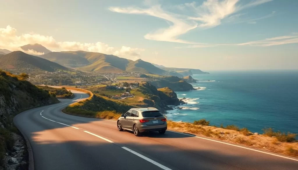 A winding two-lane highway hugs the rugged coastline, offering breathtaking views of the sparkling azure ocean. Lush, verdant hills roll gently in the distance, dotted with picturesque villages and orchards. The warm, golden sunlight filters through wispy clouds, casting a soft, serene glow over the scene. A sleek, modern sedan glides smoothly along the tarmac, its driver enjoying the scenic drive through this picturesque East Coast landscape.