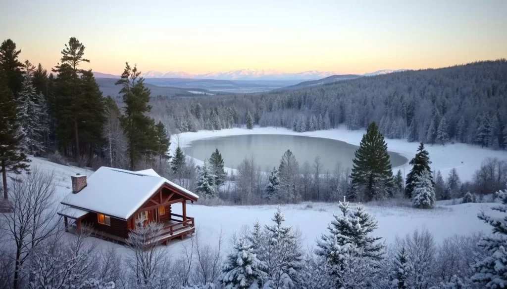 A winter wonderland in South Carolina's scenic countryside, with a dusting of pristine white snow covering the rolling hills and pine trees. In the foreground, a picturesque wooden cabin nestled among the trees, its warm glow from the windows inviting visitors inside. The middle ground features a frozen pond, its serene surface reflecting the clear, crisp sky above. In the background, distant mountains rise, their peaks capped with snow, creating a breathtaking, serene landscape. The lighting is soft and diffused, casting a gentle, magical glow over the entire scene. This peaceful, tranquil winter setting captures the essence of South Carolina's variable climate, perfect for a cozy, weather-savvy getaway.