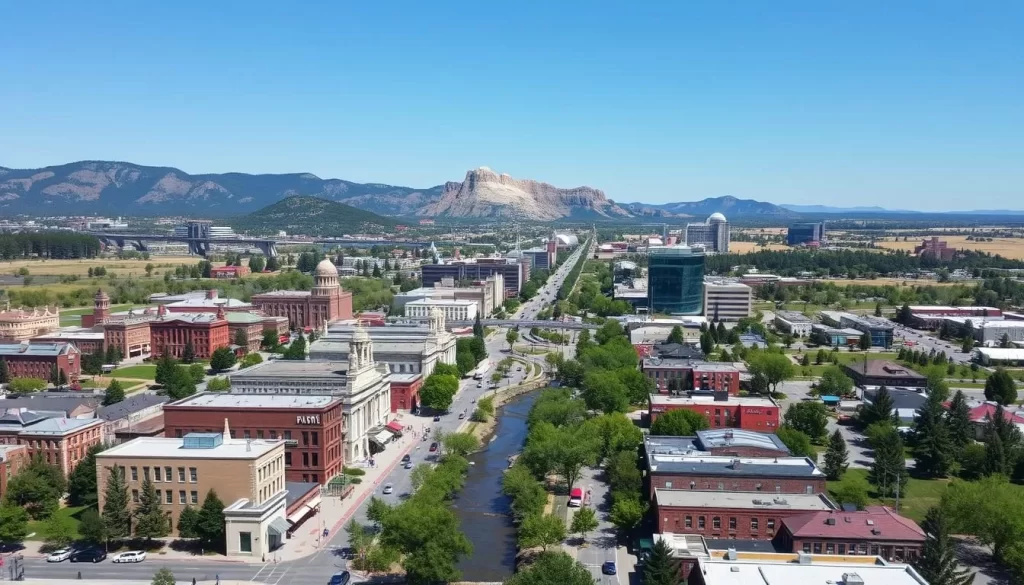 Aerial view of Rapid City, South Dakota on a clear, sunny day. Capture the city nestled between the majestic Black Hills, with the iconic Rushmore Memorial visible in the distance. Showcase the bustling downtown area with its charming streets, lined with historic buildings and local shops. Include the Rapid Creek winding through the center, complemented by lush greenery and parks. Use a wide-angle lens to give a panoramic sense of place, conveying the gateway to the stunning natural landscapes beyond.
