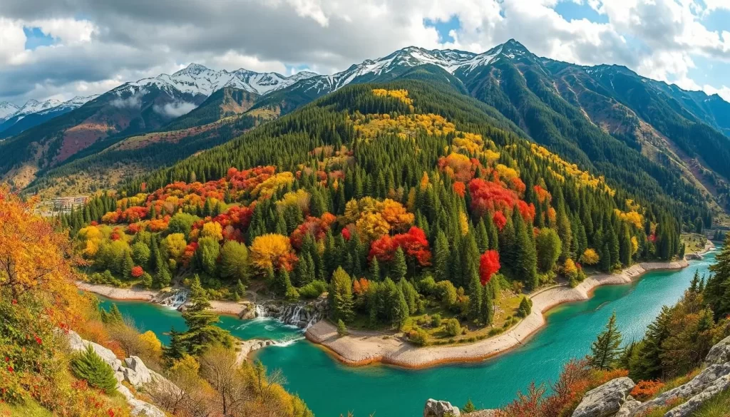 Aladağlar National Park in the four seasons: a majestic mountainous landscape blanketed in snow-capped peaks, verdant forests, and vibrant wildflowers. In spring, a panoramic vista of rolling meadows aglow with cherry blossoms and lush greenery. Summertime brings crystalline turquoise lakes, dramatic rock formations, and cascading waterfalls. Autumn transforms the deciduous trees into a fiery tapestry of reds, oranges, and golds. Throughout the year, a sense of serene tranquility and awe-inspiring natural beauty. Capture this enchanting Turkish paradise with a cinematic wide-angle lens, warm natural lighting, and a touch of magic.