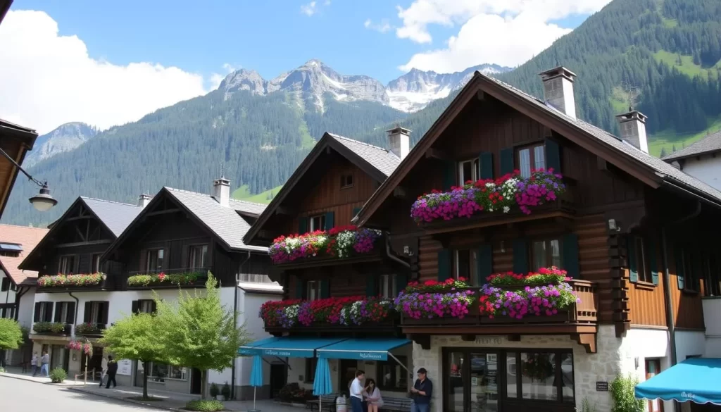 Alpbach village with traditional wooden chalets and flower boxes