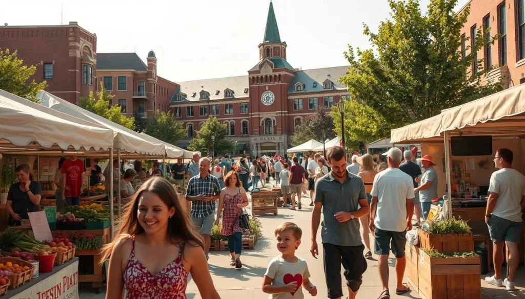 Ames, Iowa in the summertime, a charming Midwestern town bustling with community events. Capture the lively scene of a local farmer's market, stalls brimming with fresh produce and artisanal goods, people meandering through the open-air setting. In the foreground, a family peruses the stands, their smiles reflecting the warm, friendly atmosphere. In the middle ground, a live music performance captivates the crowd, the upbeat melodies carrying through the sunlit plaza. In the background, the iconic Iowa State University campus stands tall, its red-brick facades and green lawns adding to the picturesque small-town charm. Soft, natural lighting casts a golden glow, creating a serene, inviting ambiance that encapsulates the essence of Ames.