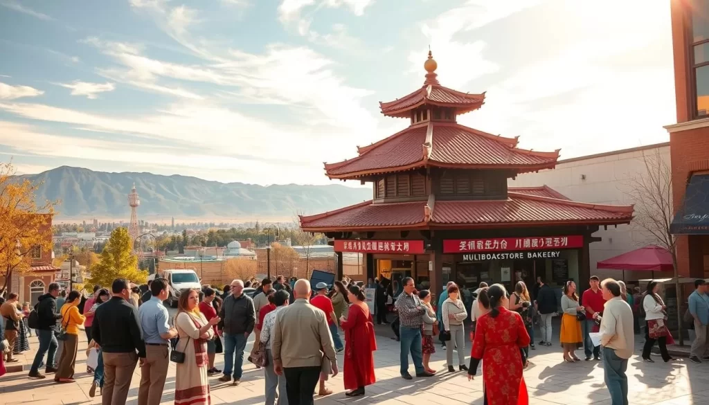 An Asian-American community gathers in a vibrant public plaza in downtown Boise, Idaho. The foreground features a diverse group of people conversing in various Asian languages, dressed in traditional attire. The middle ground showcases an ornate pagoda-style structure housing a multilingual bookstore and bakery. In the background, a scenic view of the Rocky Mountains and the city skyline is illuminated by warm, golden sunlight filtering through wispy clouds. The scene conveys a sense of cultural richness, integration, and the celebration of Idaho's growing Asian-Pacific Islander population.