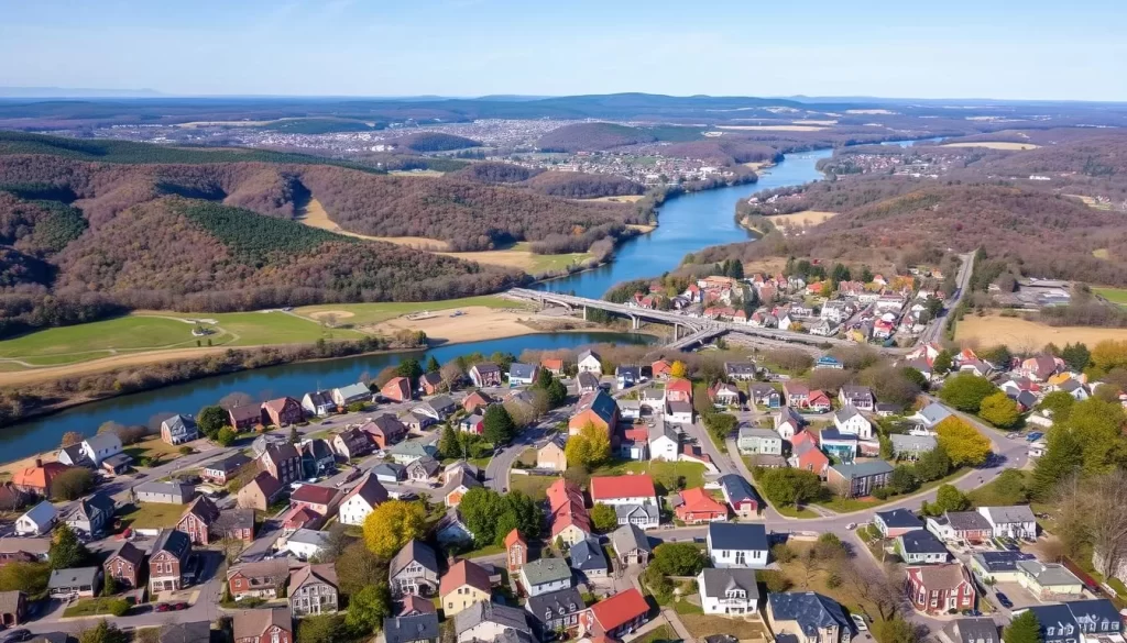 An aerial view of New Hampshire's rolling hills and winding rivers, set against a backdrop of a clear blue sky. In the foreground, diverse communities gather, representing the state's rich immigration history - from colonial-era European settlers to modern-day global migrants. Vibrant neighborhoods showcase a tapestry of architectural styles, reflecting the cultural influences that have shaped the region over centuries. The mid-ground depicts bustling city centers, with people of varying ethnicities and languages engaged in lively interactions, symbolizing the evolution of New Hampshire's linguistic landscape. In the distance, picturesque small towns dot the landscape, hinting at the state's enduring rural character and the continued integration of new arrivals into the fabric of local communities.