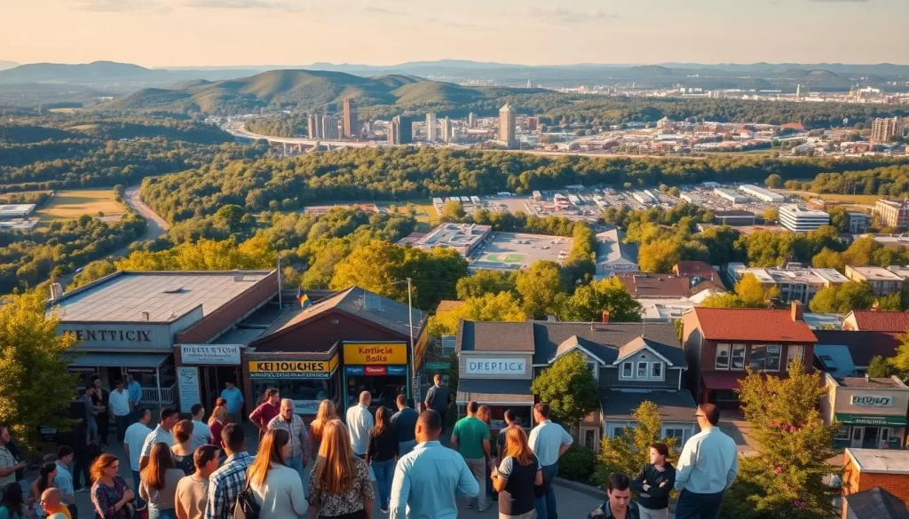 An aerial view of a vibrant, diverse landscape representing the languages spoken in Kentucky. In the foreground, various groups of people converse in English, Spanish, German, and Appalachian dialects. In the middle ground, street signs, storefront windows, and public murals showcase the multilingual nature of the state. In the background, a panoramic view of rolling hills, verdant forests, and bustling cityscapes, all bathed in warm, golden sunlight. The scene conveys a sense of cultural richness, linguistic harmony, and the unique linguistic tapestry that defines the state of Kentucky.
