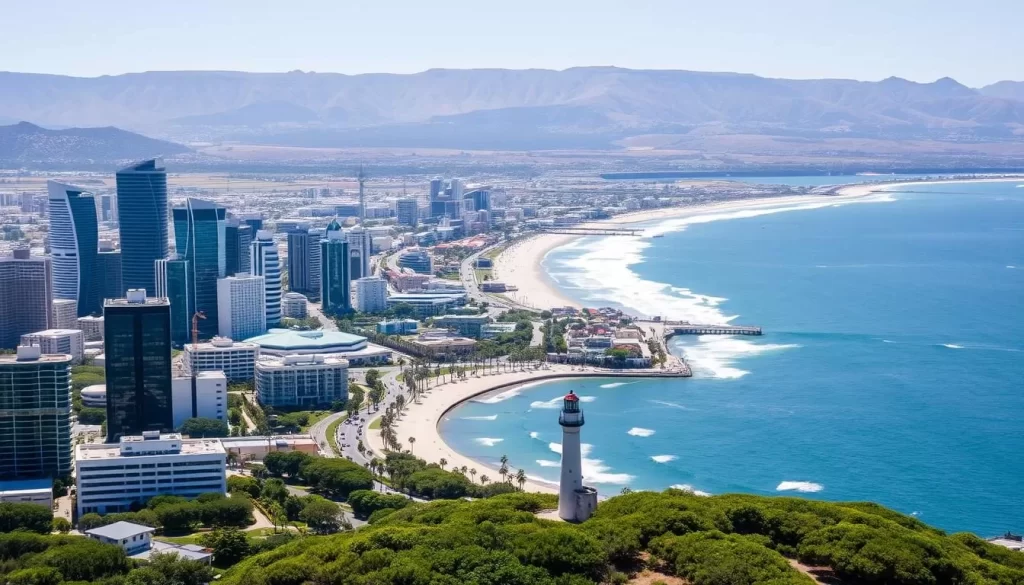 An aerial view of the bustling coastal city of Port Elizabeth, South Africa, on a bright, sunny day. The city skyline is dominated by modern high-rise buildings and skyscrapers, with the iconic Donkin Reserve and lighthouse visible in the foreground. In the middle ground, the beachfront promenade and sandy beaches stretch out along the Indian Ocean, surrounded by lush palm trees and greenery. In the background, the rolling hills and rugged coastline create a picturesque natural backdrop. The scene is captured with a wide-angle lens, showcasing the vibrant energy and scenic beauty of this thriving port city.