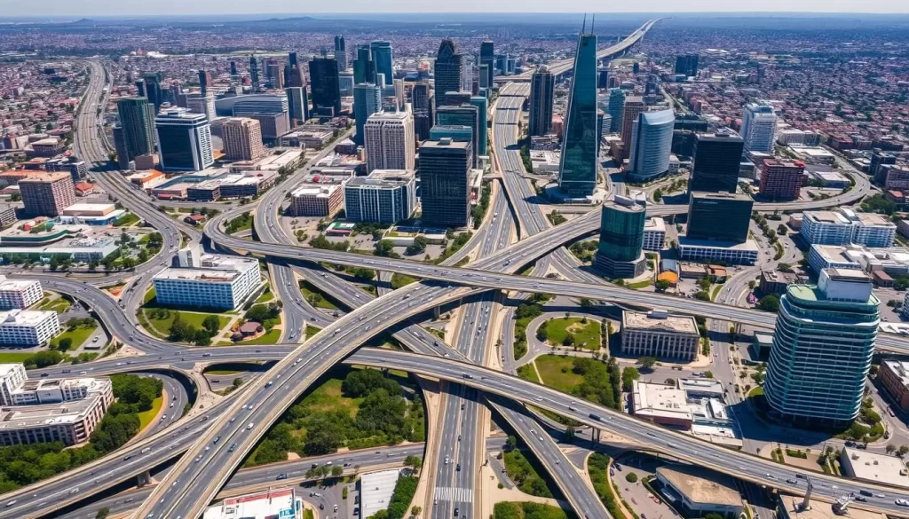 An aerial view of the intricate grid-like layout of the streets in downtown Los Angeles on a bright, sunny day. Capture the winding highways, multi-lane boulevards, and intersecting side streets that weave through the iconic skyscrapers and urban landscape. Depict the flow of traffic, with vehicles navigating the network of roads against the backdrop of the distinct architectural style and vibrant colors of the buildings. Convey a sense of the dynamic energy and efficient transportation infrastructure that characterizes the city's transportation network.