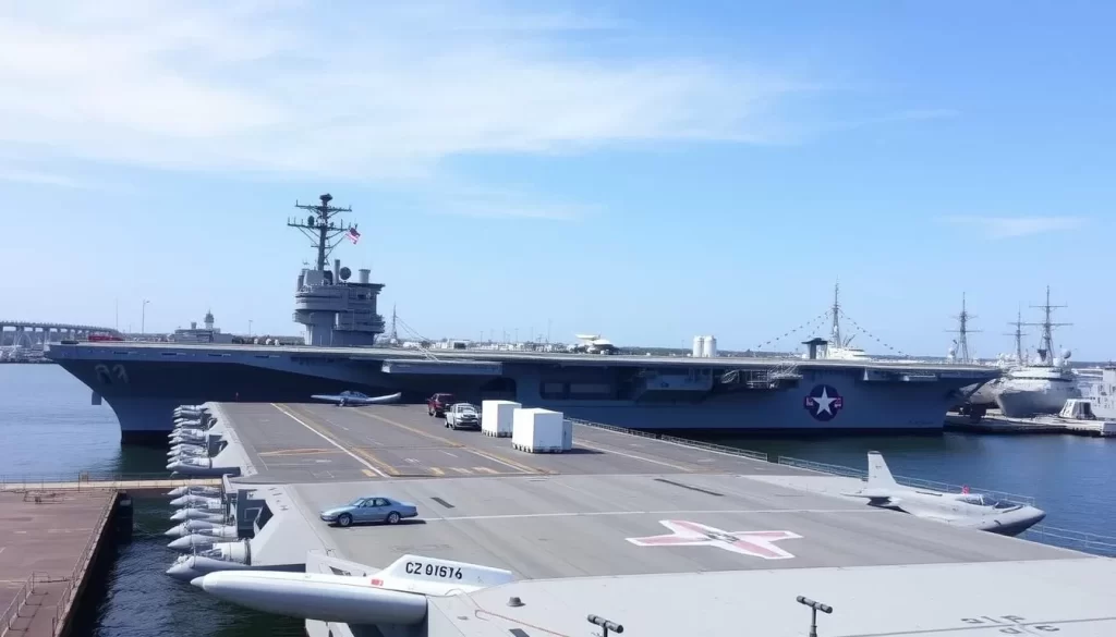 An aircraft carrier at the Patriots Point Naval & Maritime Museum with other naval ships in the background.