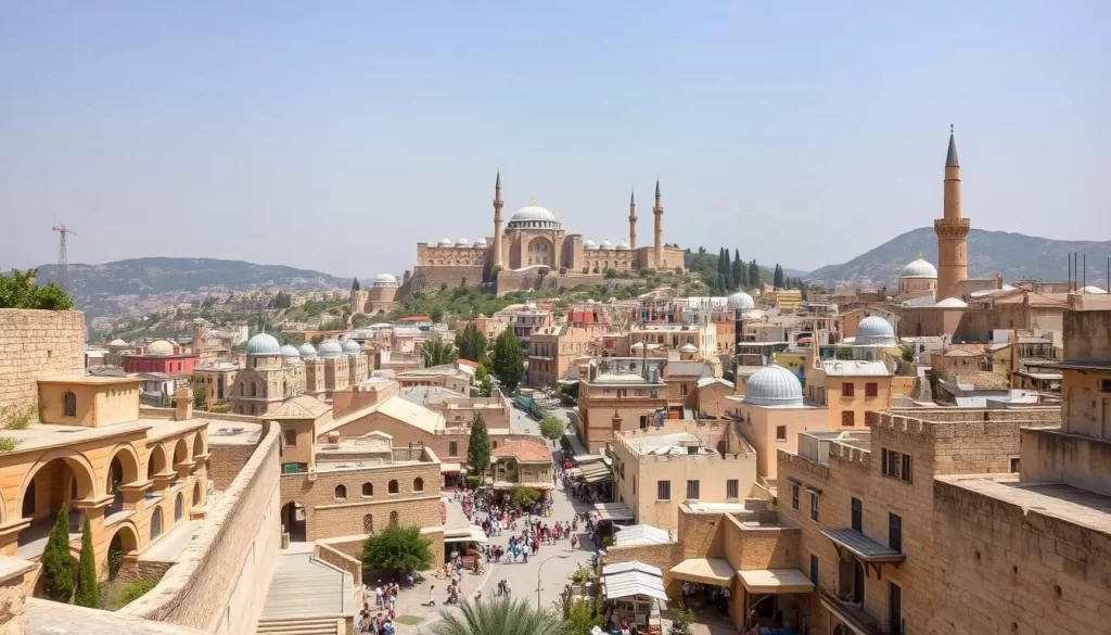 An ancient city nestled in the rolling hills, its towering stone walls and intricate architecture gleaming in the warm Mediterranean sun. Narrow winding streets lead to bustling marketplaces, where vendors hawk their wares beneath the shade of archways and domes. In the distance, a magnificent citadel stands guard, its spires reaching skyward. Ornate minarets punctuate the skyline, their calls to prayer echoing through the tranquil streets. A sense of timeless history permeates the scene, inviting the viewer to immerse themselves in the rich cultural tapestry of this timeless place.