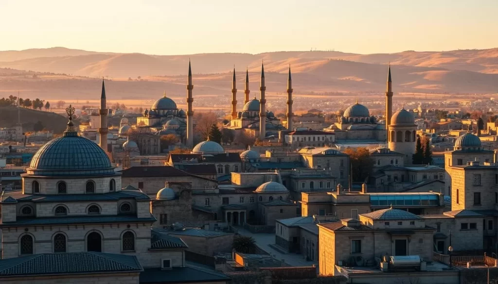 An ancient city skyline of Sanliurfa, Turkey, bathed in warm, golden sunlight. In the foreground, intricate stone buildings with domed roofs and ornate arched windows line the winding streets. The middle ground features towering minarets and spires of historic mosques, their silhouettes casting long shadows across the scene. In the background, the rolling hills and rugged terrain of the surrounding countryside provide a serene, natural backdrop. Capture the timeless, picturesque essence of this captivating ancient city, evoking a sense of wonder and history.