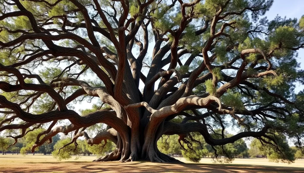 An ancient live oak tree with sprawling branches and a rich history.