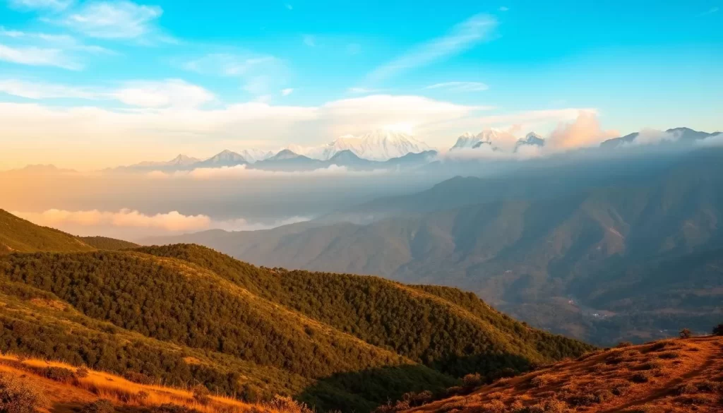 An awe-inspiring landscape showcasing the diverse climate zones of Uttarakhand, India. In the foreground, rolling hills covered in lush, verdant vegetation, bathed in warm, golden sunlight. The middle ground features rugged, snow-capped peaks reaching towards the clear, azure sky, with wispy clouds drifting overhead. In the distance, dense, misty forests give way to barren, rocky terrain, illustrating the region's dramatic elevation changes. The scene is captured with a wide-angle lens, emphasizing the grandeur and scale of Uttarakhand's natural wonders. An atmosphere of serene tranquility and awe-inspiring beauty pervades the image, inviting the viewer to immerse themselves in the region's remarkable climatic diversity.