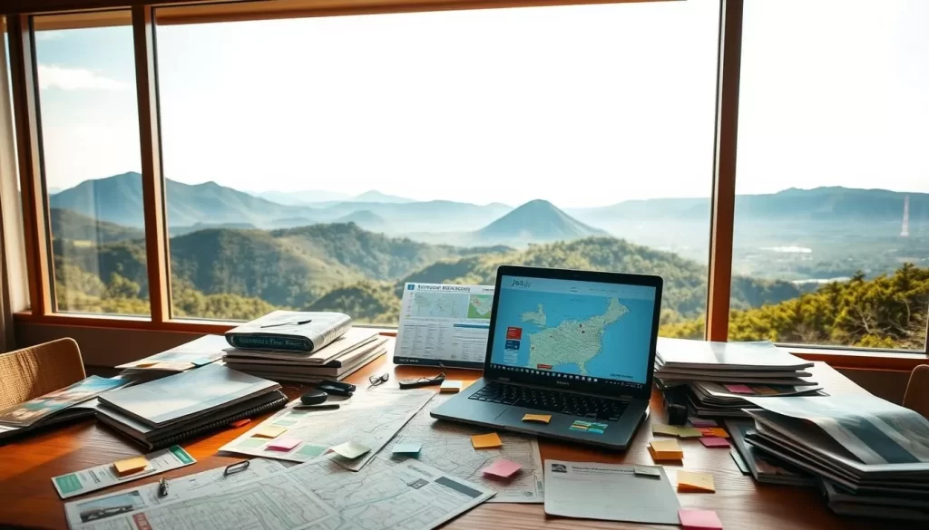 An elaborate itinerary planning session set against the scenic vistas of Jeju Island, South Korea. In the foreground, a wooden table is adorned with a carefully curated array of travel guides, maps, and colorful sticky notes. In the middle ground, a laptop displays a digital itinerary, with various attractions and activities highlighted. The background showcases the island's iconic volcanic landscapes, including rolling hills, lush forests, and the distant silhouette of Hallasan Mountain. Warm, natural lighting filters through the windows, creating a contemplative and inspirational atmosphere. A sense of anticipation and exploration permeates the scene, reflecting the process of crafting the perfect Jeju itinerary.