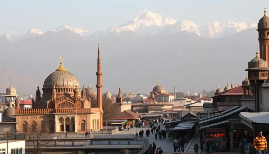 An elegant cityscape of Srinagar, the summer capital of Jammu and Kashmir, India. Capture the iconic Mughal-era architecture of the Jamia Masjid mosque in the foreground, its intricate domes and minarets shimmering in the warm afternoon light. In the middle ground, display the Kashmiri bazaar, bustling with locals and tourists perusing vibrant stalls of handicrafts and spices. In the background, the snow-capped peaks of the Himalayas rise majestically, creating a breathtaking backdrop. Convey a sense of cultural richness and historical significance, reflecting the diverse official languages of this unique region - Urdu, Kashmiri, and Hindi.