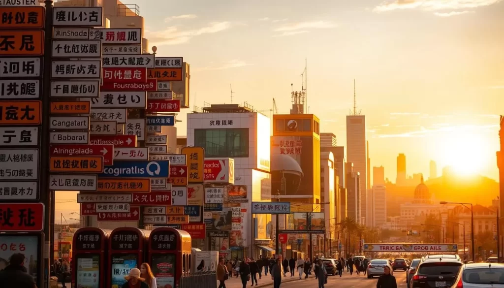An elegant cityscape showcased under a warm, golden sunset glow. At the forefront, a diverse array of language signs and billboards in various scripts and alphabets, representing the linguistic mosaic of a culturally vibrant urban center. The middle ground features a bustling street scene, with pedestrians from all walks of life interacting and navigating the multilingual environment. In the background, a panoramic view of skyscrapers and architectural landmarks, symbolizing the integration of different languages and cultures within a thriving metropolitan landscape. Soft, diffused lighting accentuates the harmonious coexistence of this linguistic diversity.