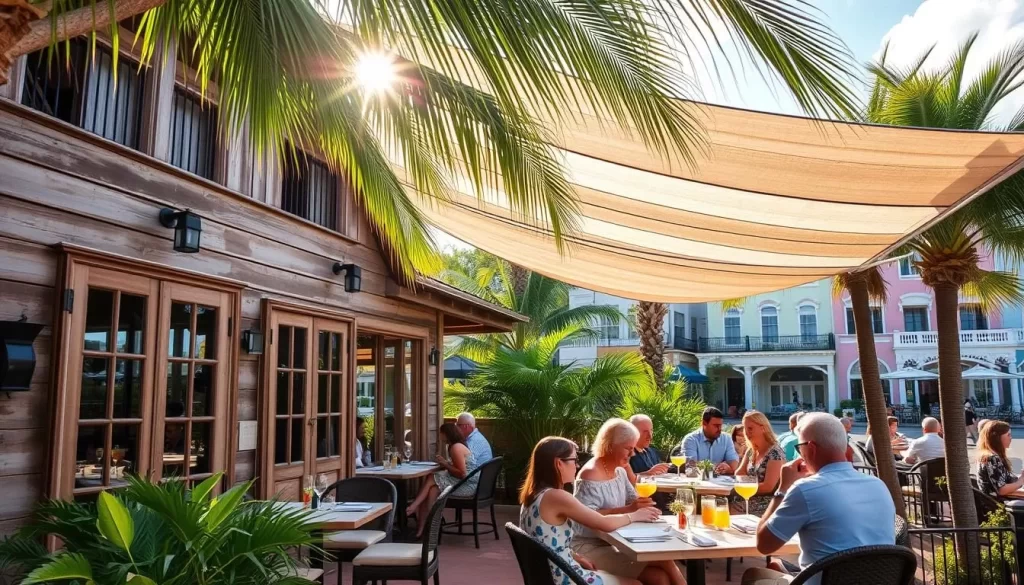 An elegant restaurant nestled in the heart of Bermuda, its weathered wooden exterior complemented by lush tropical greenery. Sunlight filters through the palm fronds, casting a warm, inviting glow over the outdoor dining terrace. Diners savor local seafood specialties and sip refreshing cocktails as a gentle breeze rustles the canopy above. In the background, the iconic pastel-hued buildings of historic downtown Bermuda provide a charming backdrop. The scene captures the essence of Bermuda's vibrant "Restaurant Weeks" celebration, where locals and visitors alike come together to experience the island's vibrant culinary scene.