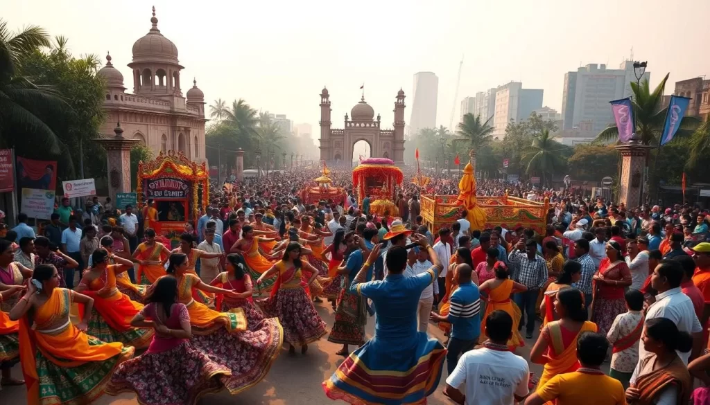 An energetic scene of vibrant festivals across the National Capital Territory of India. In the foreground, a colorful parade with dancers in traditional costumes swirling amidst a crowd of festive onlookers. The middle ground features ornately decorated floats and musicians playing lively music. In the background, historic monuments and modern skyscrapers create a striking backdrop, bathed in warm golden light. The atmosphere is electric with a sense of cultural celebration and community. Capture the spirit of India's diverse festivals throughout the year in this visually captivating image.