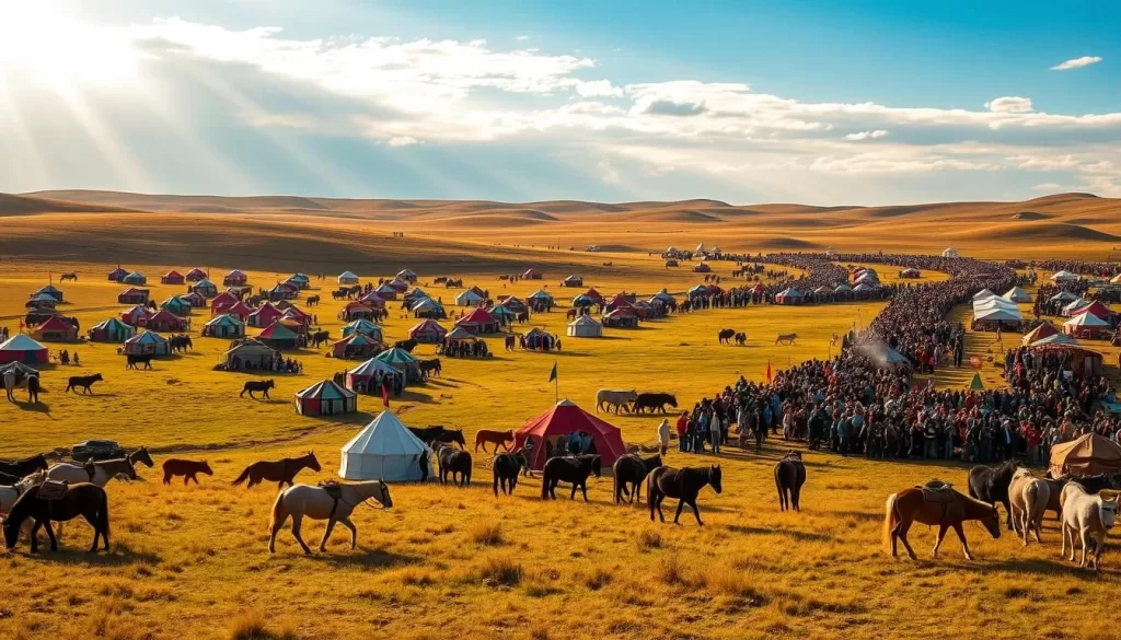 An expanse of vibrant nomadic tents dotting a rolling, sun-kissed Mongolian landscape. Herds of horses and livestock graze peacefully in the foreground, while in the distance, a grand procession of colorfully dressed festival-goers weaves through the crowds. Lively music and the aroma of roasted meats fill the air, creating an atmosphere of joyous celebration. Warm, golden light filters through wispy clouds, casting a soft, ethereal glow over the entire scene. Capture the cultural richness and communal spirit that permeates this Mongolian festival, a testament to the nation's enduring traditions.