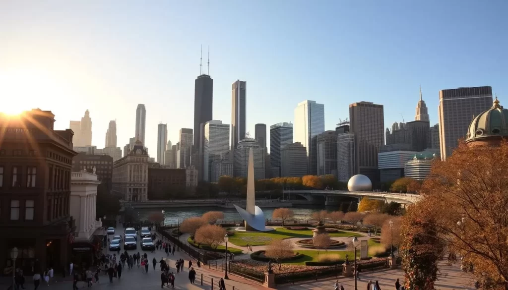 An expansive cityscape of Chicago's iconic skyline, bathed in warm golden light from the setting sun. In the foreground, a bustling street scene with pedestrians strolling past historic architecture and vibrant shops. In the middle ground, the towering silhouettes of skyscrapers rise majestically, their reflections glistening in the calm waters of the Chicago River. The background showcases the picturesque Millennium Park, its verdant gardens and sculptural landmarks framed by a clear, azure sky. The overall atmosphere exudes a sense of energy, discovery, and the unique blend of urban sophistication and Midwestern charm that defines the Windy City.