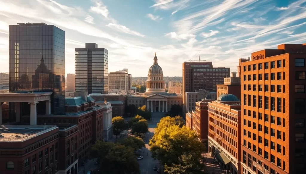 An expansive cityscape of downtown Madison, Wisconsin, bathed in warm, golden sunlight. Towering glass skyscrapers and historic brick buildings stand tall, their architectural details intricate and well-defined. The vibrant streets below are bustling with pedestrians and vehicles, creating a dynamic energy. In the center, the iconic Wisconsin State Capitol building with its distinctive dome rises majestically, surrounded by lush, verdant trees. The scene is framed by a clear, azure sky with wispy, ethereal clouds, giving a sense of tranquility and openness. The overall composition conveys the city's blend of modern and historic elements, showcasing its lively, prosperous character.