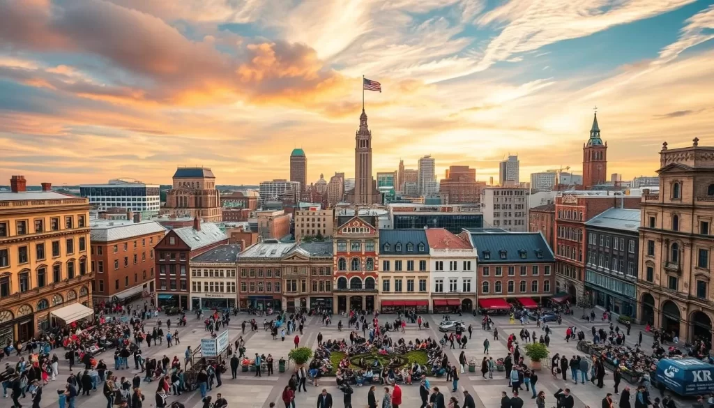An expansive cityscape with a diverse array of architectural styles, representing the cultural and linguistic heritage of Indiana. In the foreground, a bustling plaza filled with people from all walks of life, engaged in lively conversations in various languages. The middle ground showcases a mix of historic and modern buildings, their facades adorned with multilingual signage. In the background, a vibrant sky with warm, golden hues, creating a sense of harmony and inclusion. The scene is captured through a wide-angle lens, emphasizing the depth and breadth of Indiana's linguistic tapestry.