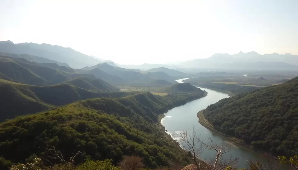 An expansive landscape capturing Maharashtra's diverse climate patterns. In the foreground, rolling hills blanketed in lush, verdant vegetation, hinting at the region's tropical and humid conditions. The middle ground features a winding river reflecting the bright, cloudless sky above, mirroring the temperate and sunny days. Towards the horizon, rugged, snow-capped peaks stand tall, alluding to the cooler, alpine-like climate of the high-altitude regions. Warm, diffused sunlight bathes the entire scene, creating a serene and inviting atmosphere. The image is captured with a wide-angle lens, providing a panoramic view that encompasses Maharashtra's diverse topography and climatic zones.