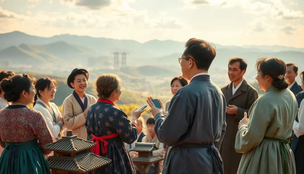 An expansive landscape of linguistic diversity in South Korea, capturing the rich tapestry of regional dialects. Set against a vibrant backdrop of rolling hills and azure skies, the scene features a group of people engaged in lively conversation, their gestures and expressions conveying the nuances of their local vernacular. The warm, golden lighting casts a soft glow, evoking a sense of cultural warmth and community. In the foreground, a mosaic of traditional hanbok garments and subtle architectural details add depth and authenticity to the composition. Meticulously crafted to showcase the linguistic richness of the region, this image invites the viewer to immerse themselves in the linguistic landscape of South Korea.