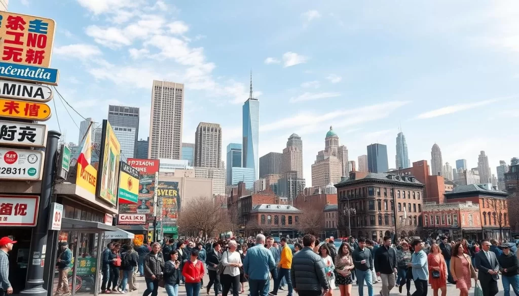 An expansive mural spanning the vibrant cityscape of New Jersey, showcasing the diverse linguistic heritage of its residents. In the foreground, a bustling street corner with signage in multiple scripts - English, Spanish, Chinese, Arabic, and more - reflecting the cosmopolitan blend of cultures. In the middle ground, a lively crowd of pedestrians engaged in animated conversations, their body language and expressions conveying the rich tapestry of languages. In the background, towering skyscrapers and brownstone buildings rise against a clear, sun-dappled sky, creating a sense of urban dynamism. The overall scene radiates a spirit of linguistic diversity, harmony, and the vibrancy of New Jersey's multilingual society.