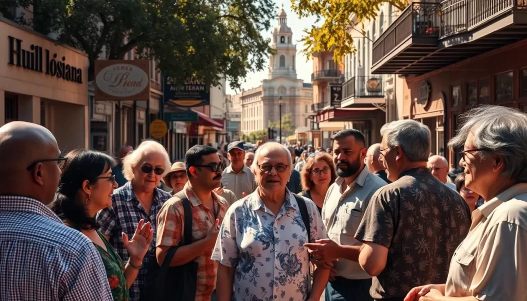 An expansive, sun-dappled tableau showcasing the linguistic diversity of Louisiana. In the foreground, a group of locals converse animatedly in various non-English languages, their gestures and expressions conveying the vibrancy of their dialects. The middle ground reveals a bustling street scene, with storefronts and signage reflecting the eclectic mix of cultures. In the background, iconic Louisiana architecture frames the scene, hinting at the state's rich history. Warm, golden lighting filters through, creating a sense of welcoming energy. Capture this scene with a wide-angle lens to encompass the full scope of Louisiana's linguistic tapestry.