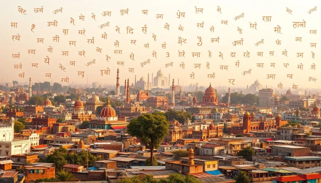 An expansive tableau of Indo-Aryan languages, set against the backdrop of a vibrant cityscape. In the foreground, a rich tapestry of scripts and dialects, each with its unique elegance and heritage. Devanagari, Gurumukhi, and Urdu characters dance across the scene, intertwined with the urban landscape. In the middle ground, towering monuments and bustling markets reflect the diverse cultural influences that have shaped the National Capital Territory. The warm, golden light of a pleasant day bathes the scene, imbuing it with a sense of harmony and vitality. The composition is balanced, with a sense of depth and perspective, inviting the viewer to explore the intricate details of this linguistic mosaic.