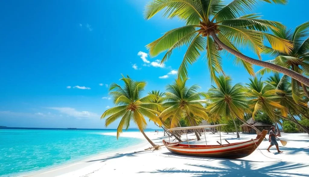 An expansive tropical landscape of Minicoy Island, the southernmost atoll of the Lakshadweep archipelago. Vibrant palm trees sway under a bright azure sky, their fronds casting playful shadows across the pristine white sand beach. In the distance, the crystal clear waters of the Indian Ocean glisten under the warm sun. A traditional boat, known as a Dhoni, rests peacefully along the shoreline, reflecting the rich maritime heritage of the Mahl-speaking people who call this island home. The scene exudes a sense of tranquility and cultural richness, capturing the essence of the Mahl language and its unique coastal setting.