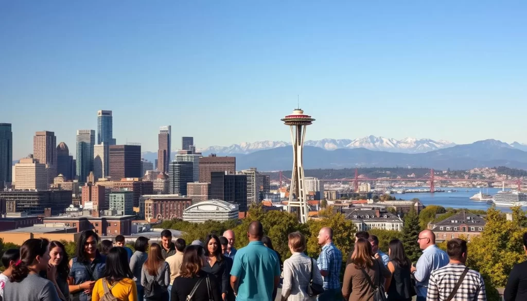 An expansive urban skyline with soaring skyscrapers and diverse architectural styles, reflecting the multicultural essence of Washington state. In the foreground, a vibrant street scene showcases people of various ethnicities conversing in a lively array of languages, their body language and interactions conveying a sense of linguistic harmony. The middle ground features prominent landmarks like the Space Needle, the iconic symbol of Seattle, surrounded by lush greenery and the picturesque Puget Sound. The background is dominated by the majestic Cascade Mountains, their snow-capped peaks painting a serene and awe-inspiring backdrop. The scene is bathed in warm, golden sunlight, creating a welcoming and inclusive atmosphere.